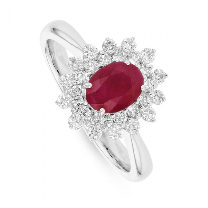 Natural Ruby & 0.51ct Diamond Cluster Ring in 18ct White Gold