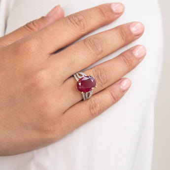 Natural Enhanced 6.07ct Ruby and 0.32ct Diamond Ring in 18ct Yellow Gold