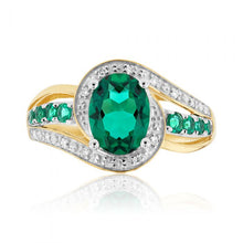 Load image into Gallery viewer, 9ct Yellow Gold 8x6mm Created Emerald and Diamond Ring