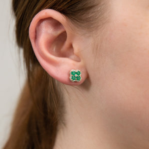 9ct Yellow Gold 1ct Natural Emerald and 0.10 Carat Diamond 4 Leaf Clover Stud Earrings