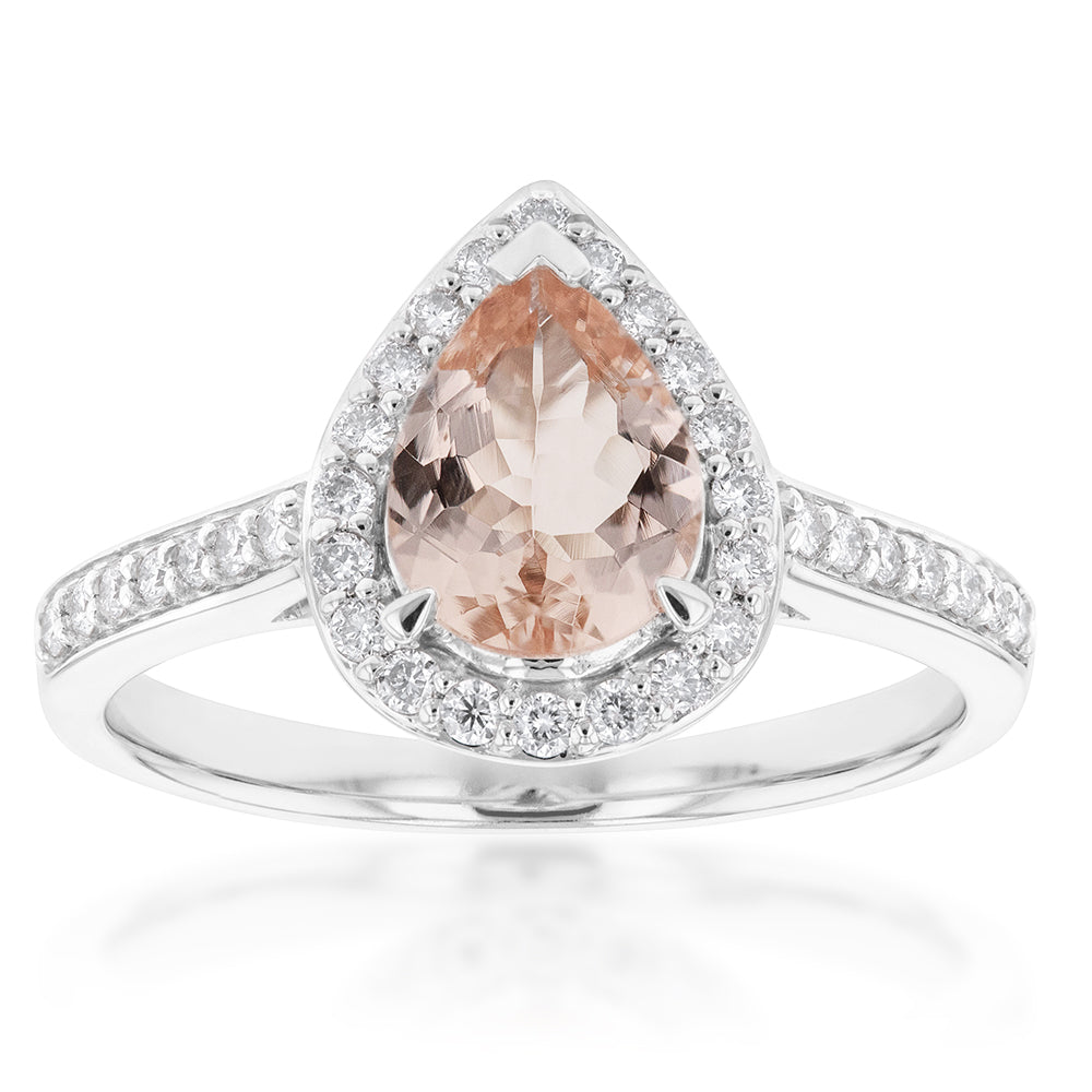 9W White Gold 1.00ct Morganite Pear and 1/4ct Diamond Ring