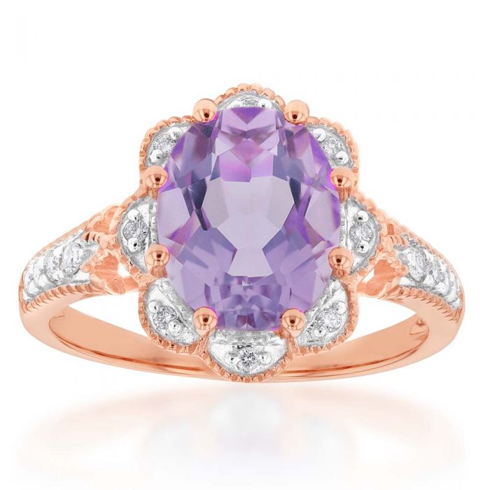 9ct Rose Gold 2.40ct Rose Amethyst and Diamond Ring