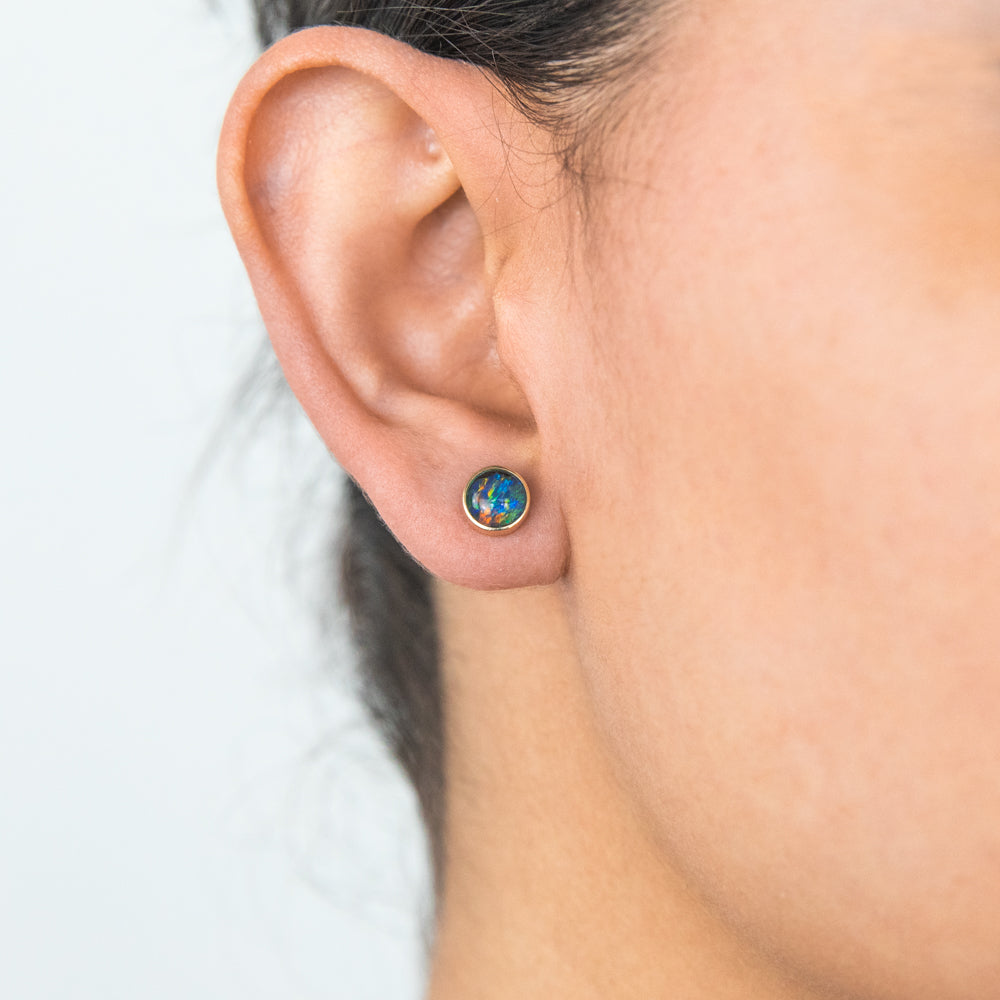 9ct Yellow Gold 6mm Triplet Opal Bezel Studs