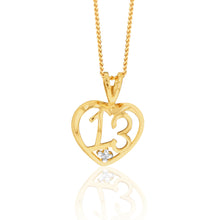 Load image into Gallery viewer, 9ct Yellow Gold Zirconia Number 13 Heart Pendant