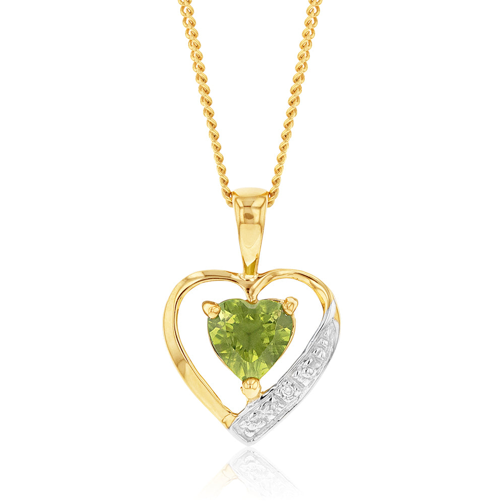 9ct Yellow Gold Peridot and Diamond Heart Pendant