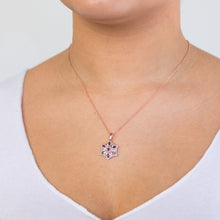 Load image into Gallery viewer, Rose Plated Sterling Silver Morganite Rhodolite and White Zircon Pendant on Chain