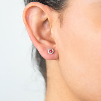 9ct Yellow Gold Created Ruby and Diamond Halo Stud Earrings