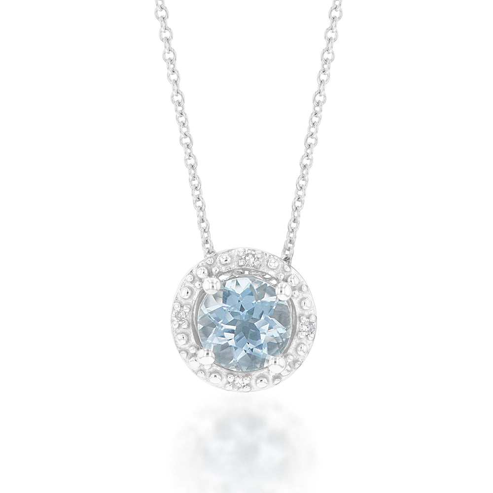 9ct White Gold 5mm Aquamarine and Diamond Halo Pendant on 45cm Chain