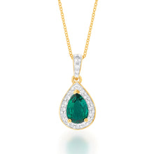Load image into Gallery viewer, 9ct Yellow Gold 7x5mm Created Emerald and Diamond Pear Halo Pendant on 45cm Chain