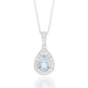 9ct White Gold 0.65ct Aquamarine and 0.15ct Diamond Pear Pendant on 45cm Chain