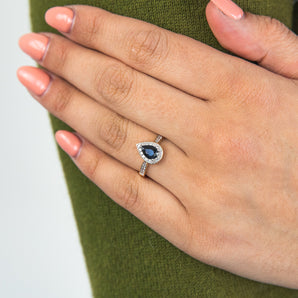 9ct Yellow Gold 1ct Natural Sapphire and 1/5 Carat Diamond Pear Halo Ring