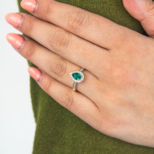 Load image into Gallery viewer, 9ct Yellow Gold Created Emerald and Diamond Pear Halo Ring