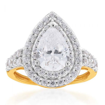 9ct Yellow Gold Double Halo Pear and Channel Zirconia Ring