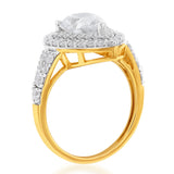 9ct Yellow Gold Double Halo Pear and Channel Zirconia Ring