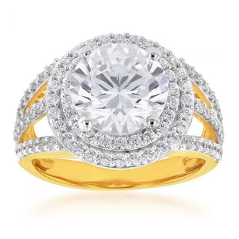 9ct Yellow Gold Round Double Halo Zirconia Split Band Ring