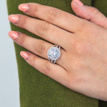 9ct Yellow Gold Round Double Halo Zirconia Split Band Ring
