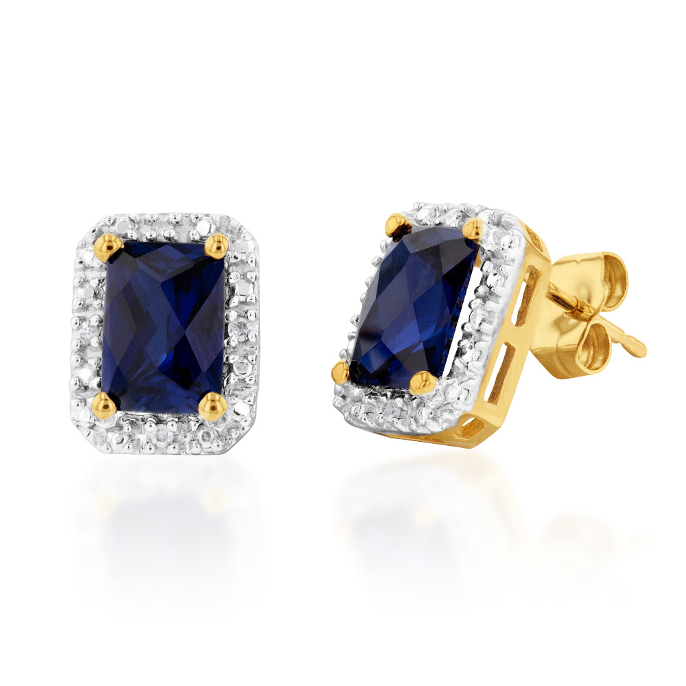 9ct Yellow Gold Created Sapphire and Diamond Stud Earrings