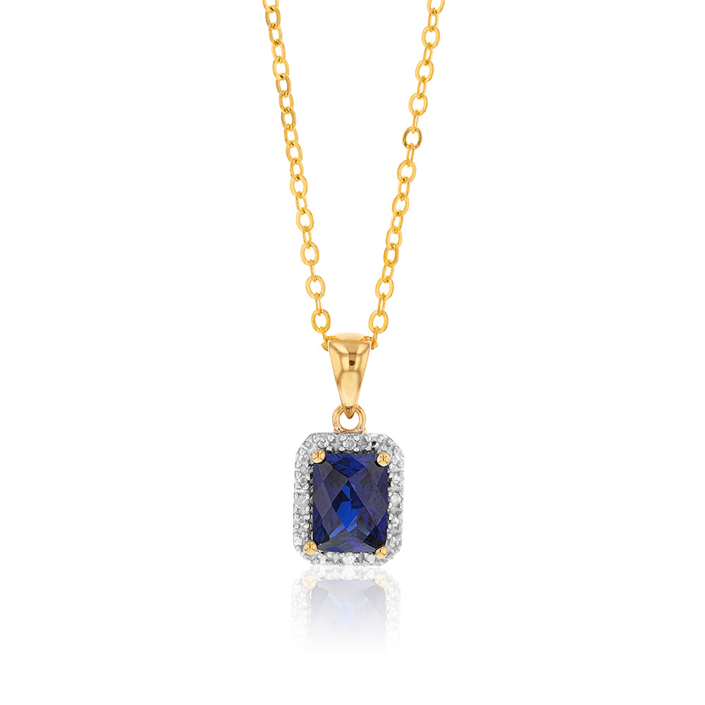9ct Yellow Gold Created Sapphire and Diamond Pendant 46cm Gold Plated Chain