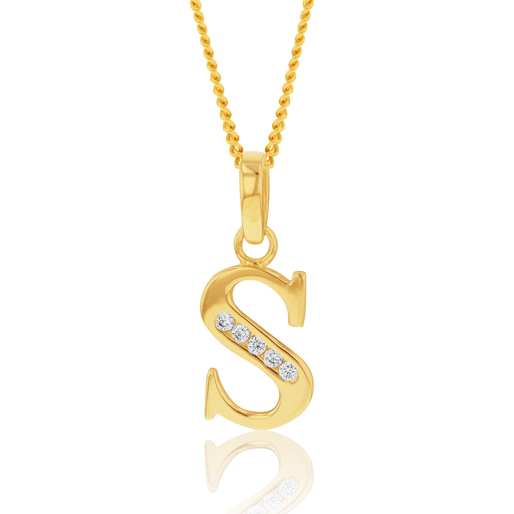 9ct Yellow Gold Initial S Zirconia Pendant