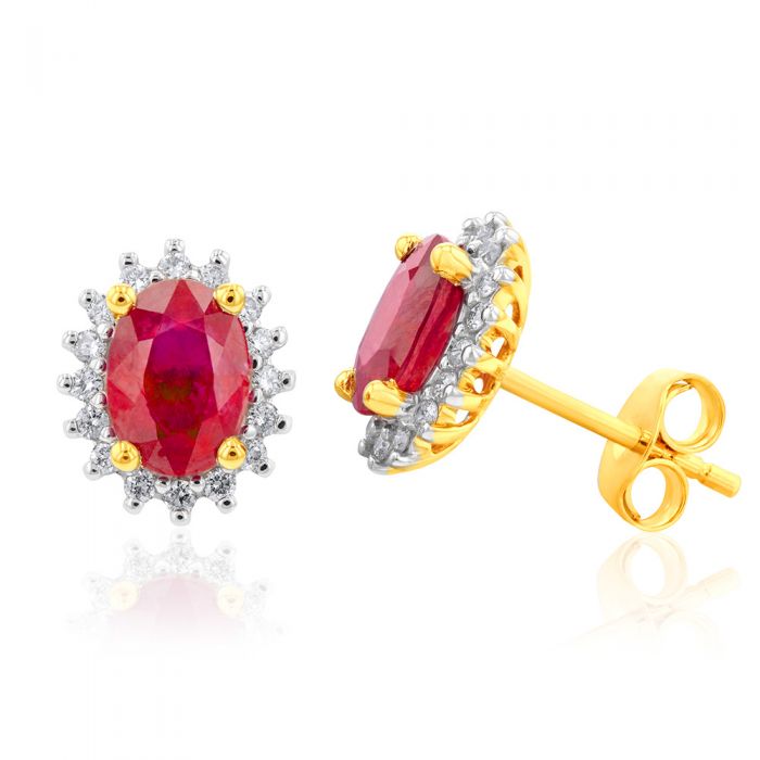 9ct Yellow Gold 2.21ct Natural Enhanced Ruby and Diamond Studs