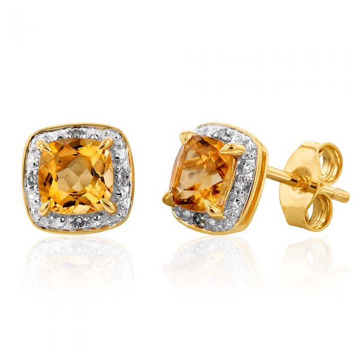 9ct Yellow Gold 5mm 0.50ct Citrine and Diamond Cushion Cut Stud Earrings