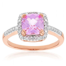 Load image into Gallery viewer, 9ct Rose Gold Created Peach Sapphire and Diamond Accented Cushion Cut Ring
