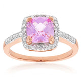 9ct Rose Gold Created Peach Sapphire and Diamond Accented Cushion Cut Ring