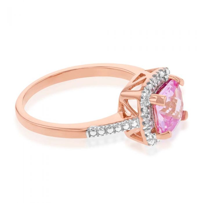 9ct Rose Gold Created Peach Sapphire and Diamond Accented Cushion Cut Ring