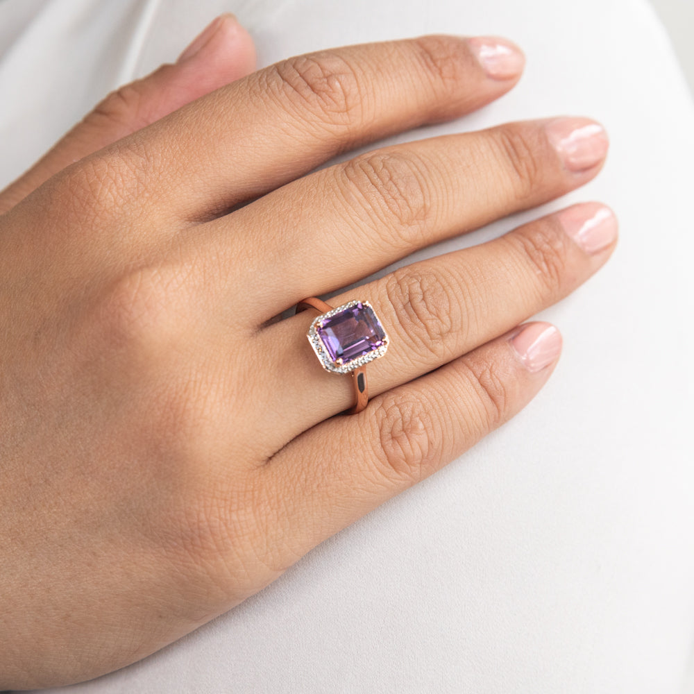 9ct Rose Gold Amethyst and Diamond Emerald Cut Ring Grahams