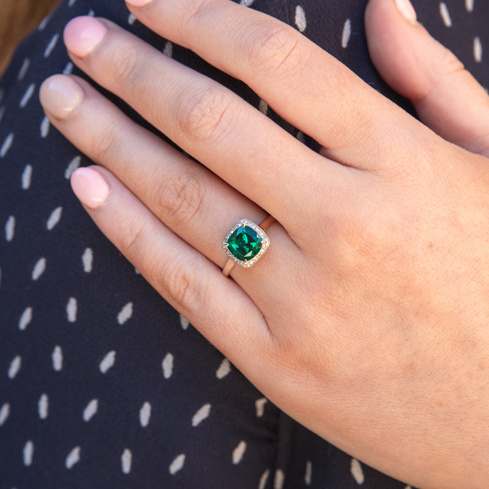 9ct Yellow Gold 8mm Created Emerald and Diamond Cushion Cut Ring