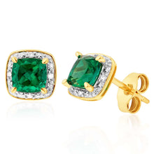 Load image into Gallery viewer, 9ct Yellow Gold 5mm Created Emerald and Diamond Cushion Cut Studs