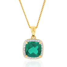Load image into Gallery viewer, 9ct Yellow Gold 8mm Created Emerald and Diamond Cushion Cut Pendant