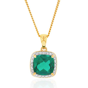 9ct Yellow Gold Created Emerald and Diamond Cushion Cut Pendant