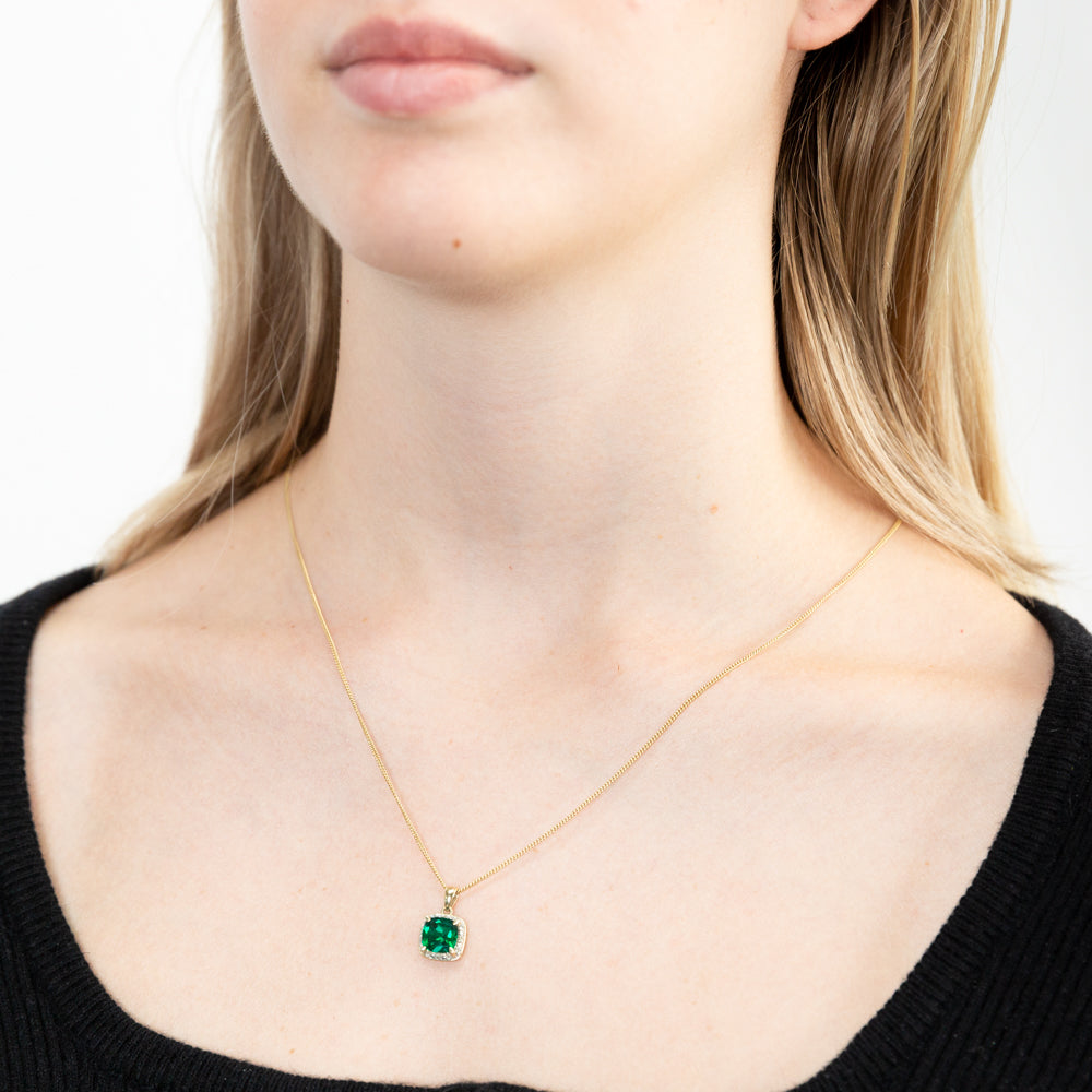 9ct Yellow Gold 8mm Created Emerald and Diamond Cushion Cut Pendant