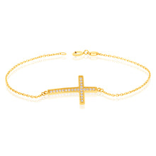 Load image into Gallery viewer, 9ct Yellow Gold Cubic Zirconia On Cross 18.4cm Bracelet