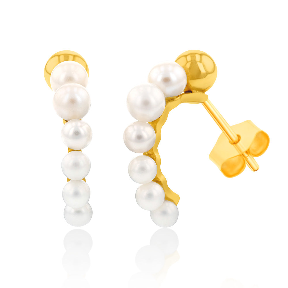 9ct Yellow Gold Fresh Water Pearls On Half Hoop Stud Earrings
