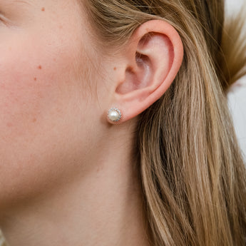9ct Yellow Gold Fresh Water Pearl And Cubic Zirconia Stud Earrings