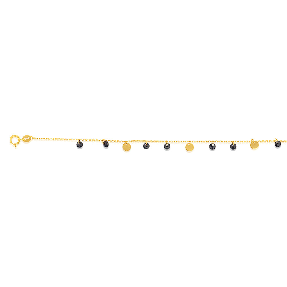 9ct Yellow Gold Black Zirconia and Gold Disc Charm 17.8cm Bracelet