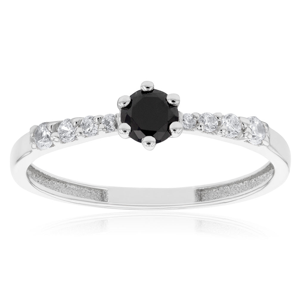 9ct White Gold Black Zirconia Solitaire Fancy Channel Ring