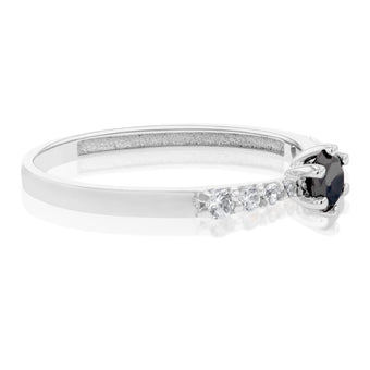 9ct White Gold Black Zirconia Solitaire Fancy Channel Ring