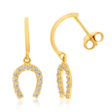 Load image into Gallery viewer, 9ct Yellow Gold Zirconia Horseshoe Drop Earrings