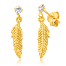 Load image into Gallery viewer, 9ct Yellow Gold Zirconia Feather Drop Earrings