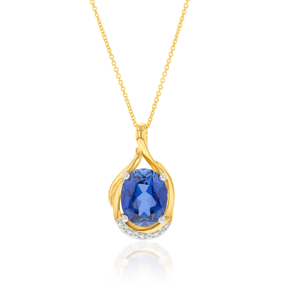 9ct Yellow Gold Created Ceylon Sapphire and Diamond Pendant on Chain