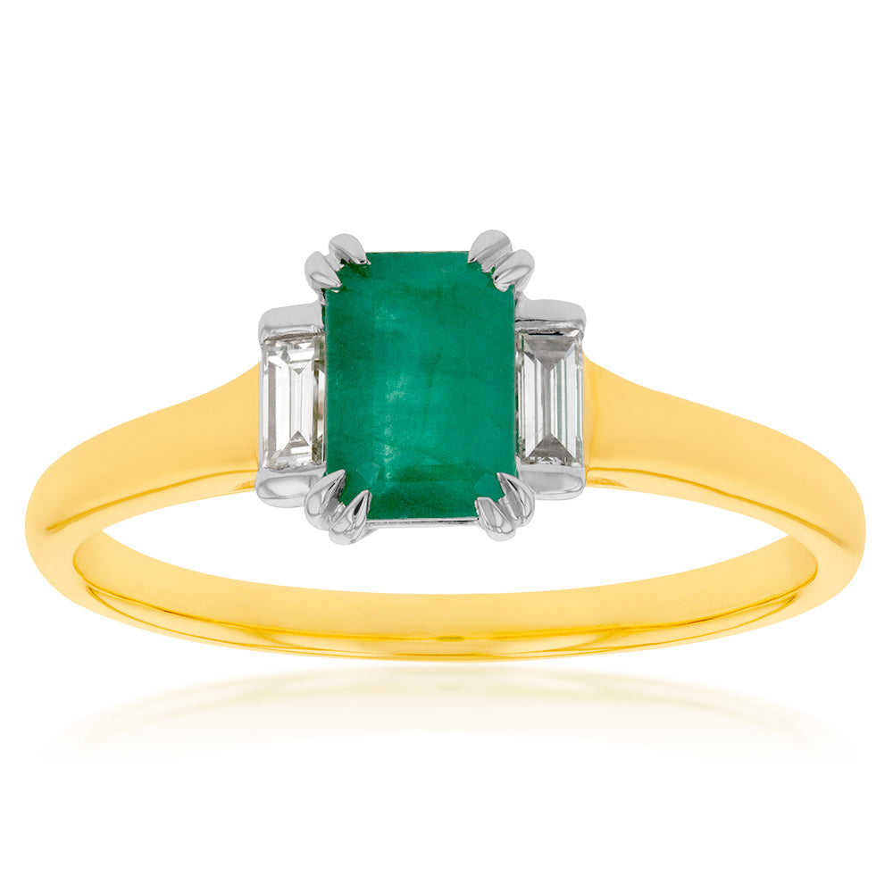 9ct Yellow Gold Natural Emerald and Diamond Emerald Cut and Baguette Ring