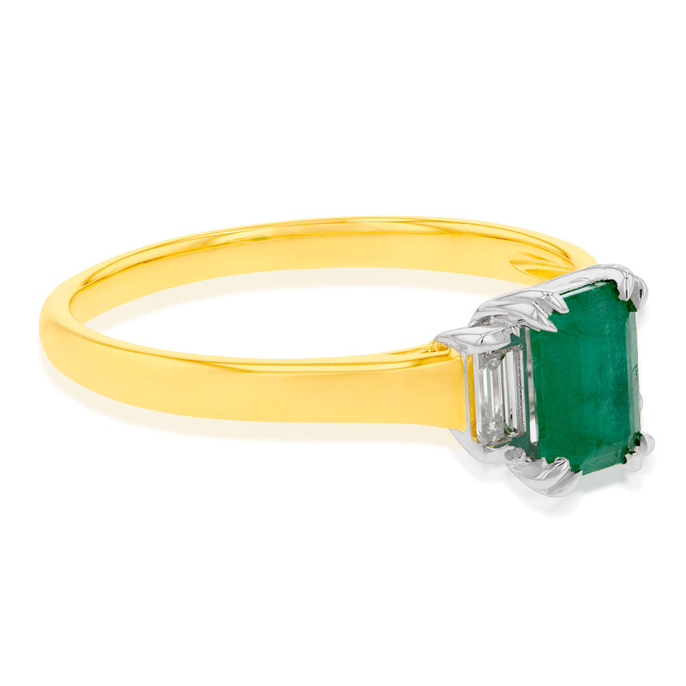 9ct Yellow Gold Natural Emerald and Diamond Emerald Cut and Baguette Ring