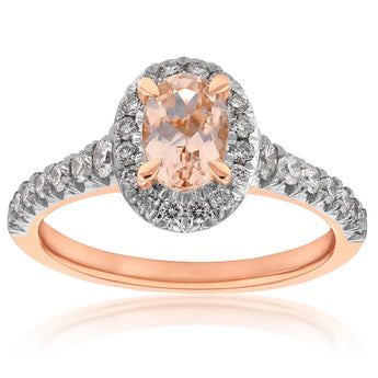 9ct Rose Gold Morganite and Diamond Oval Halo Ring