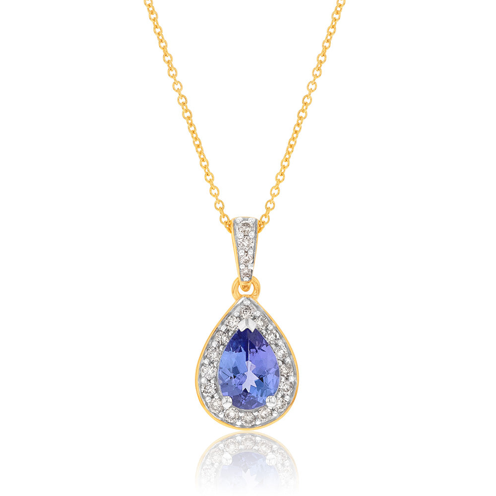 9ct Yellow Gold 0.75ct Tanzanite and 0.15 Carat Diamond Pear Pendant on 45cm Chain