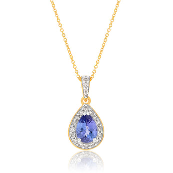 9ct Yellow Gold 0.75ct Tanzanite and 0.15 Carat Diamond Pear Pendant on 45cm Chain