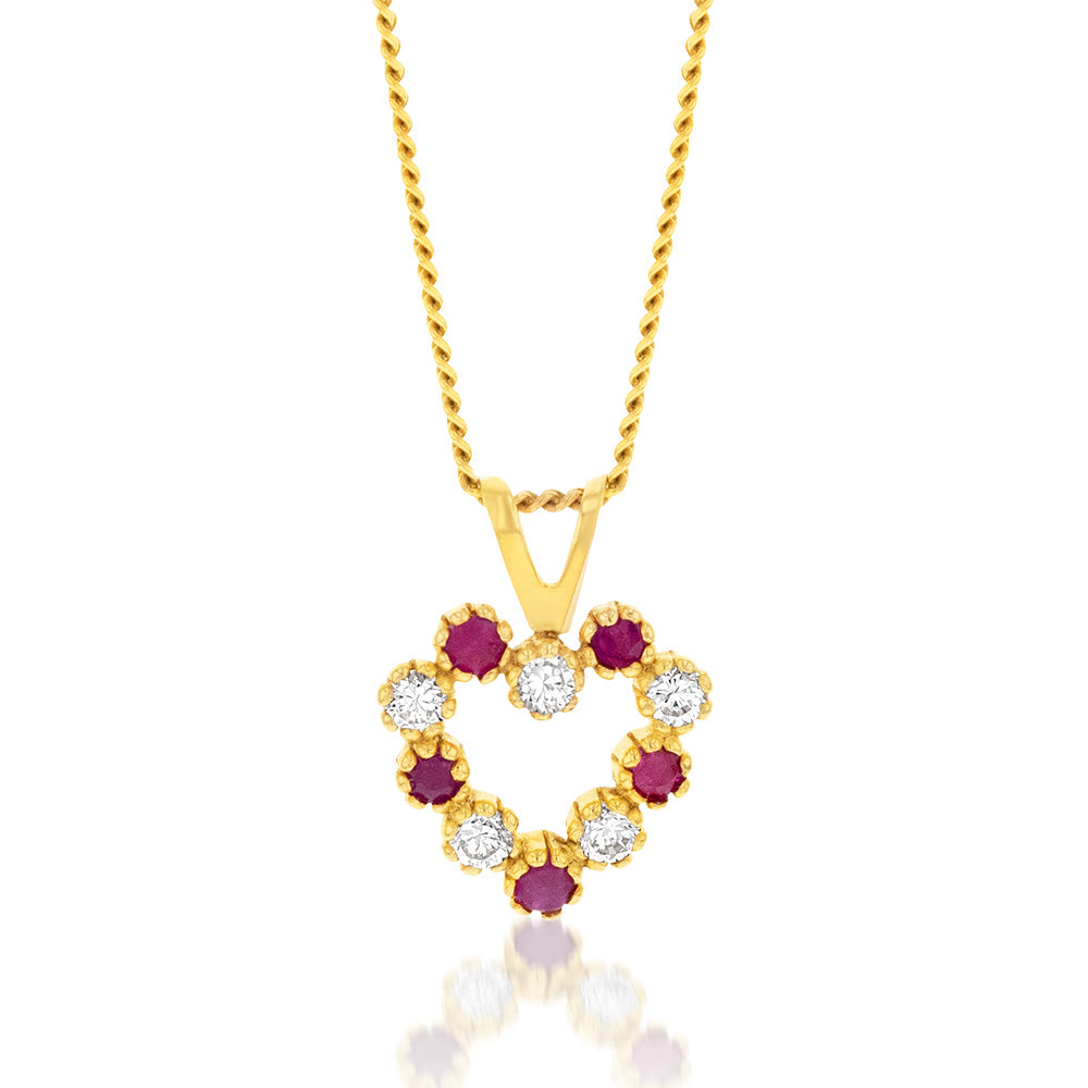 Red and White Zirconia Heart Pendant in 9ct Yellow Gold