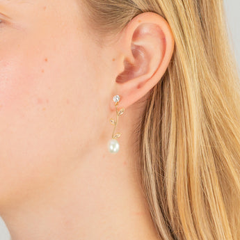 9ct Yellow Gold Cubic Zirconia Flower Pearl Drop Earrings